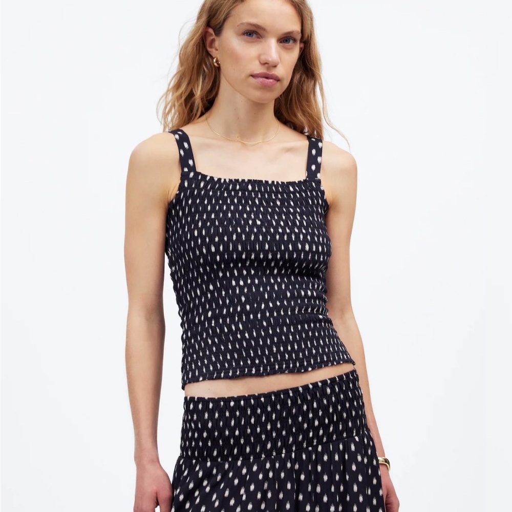 Madewell Smocked Navy Tank Top in Shibori Dot